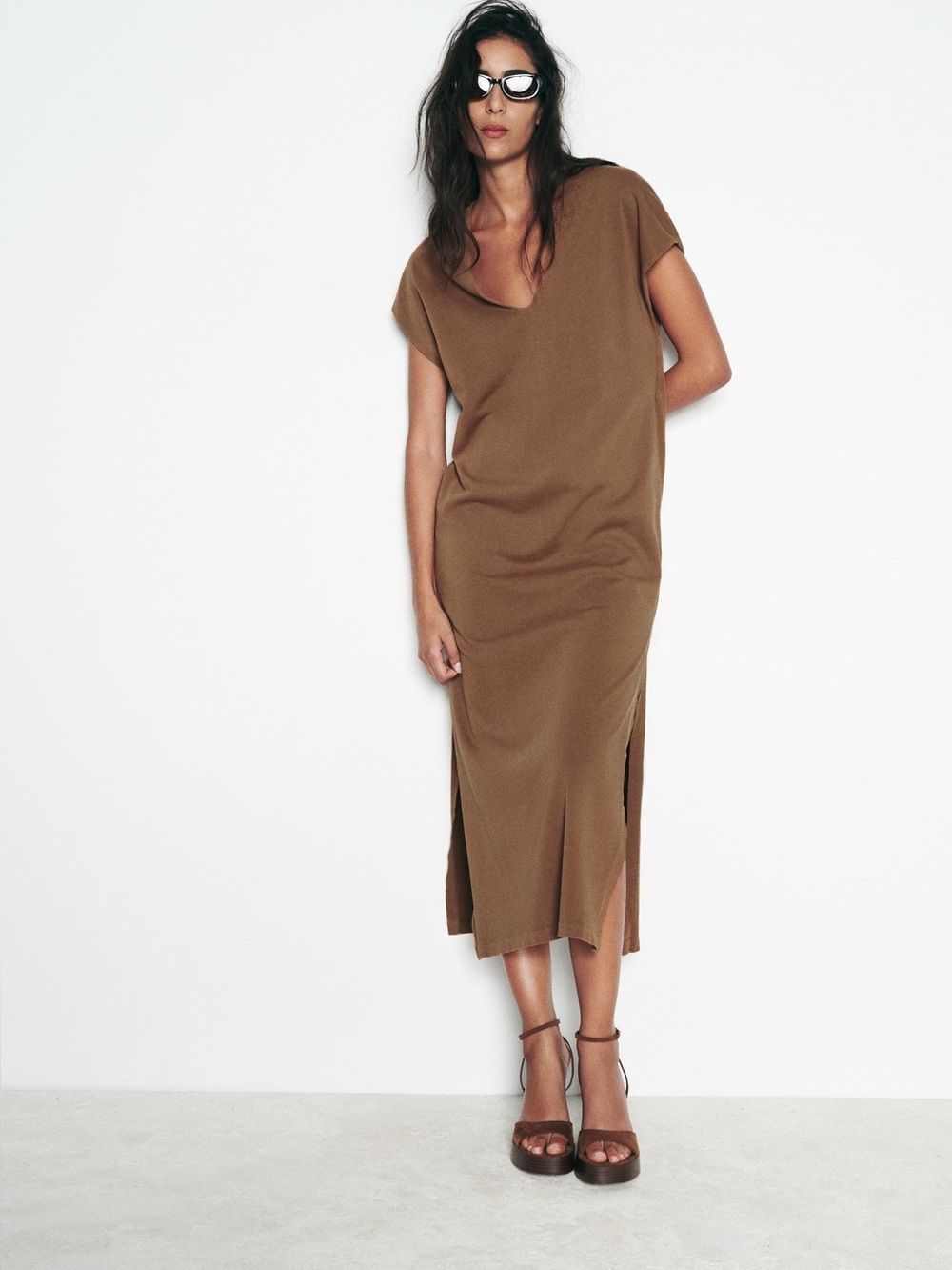 Zara Brown V-Neck WASHED EFFECT MIDI DRESS